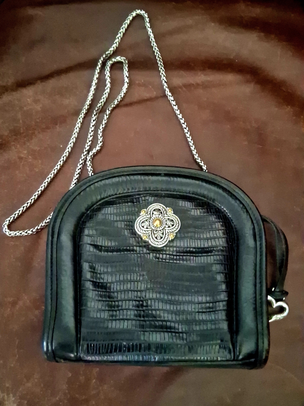 Black Textured Crossbody Bag with Decorative Medallion